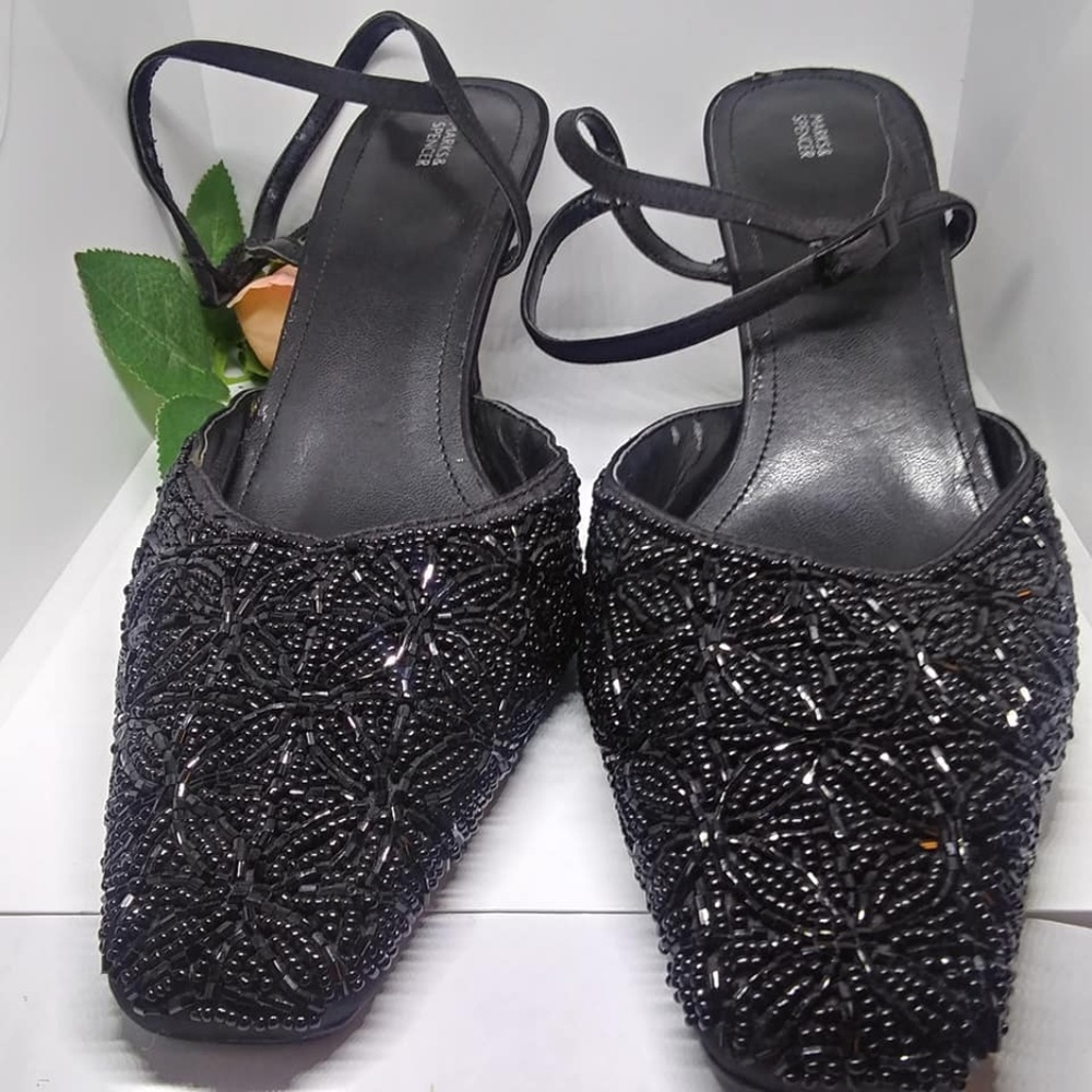MARKS & SPENCER BLACK VELOUR SEQUINS BEADS HIGH HE
